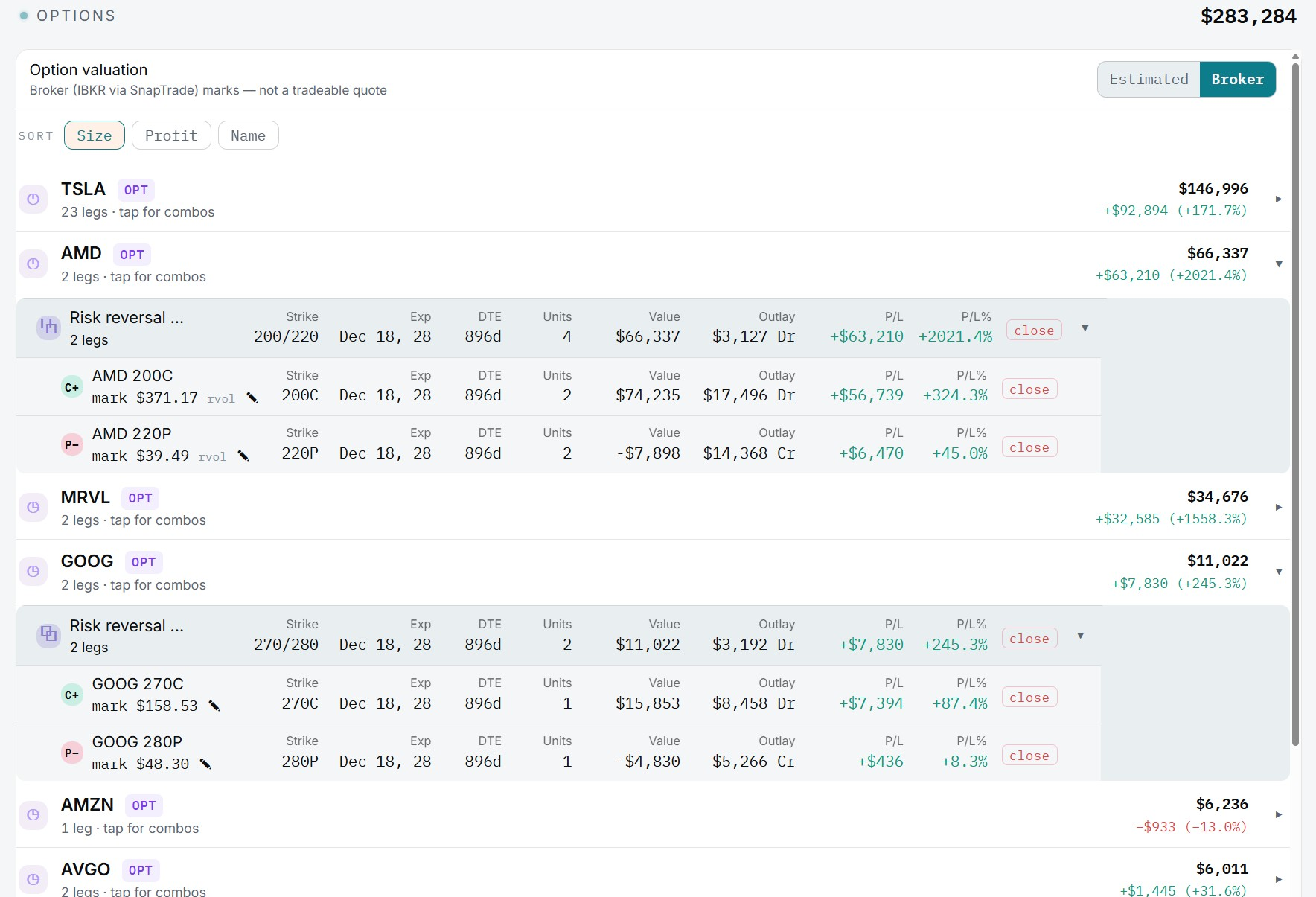 Options book read as strategies — combos auto-grouped under their ticker with one net P/L each