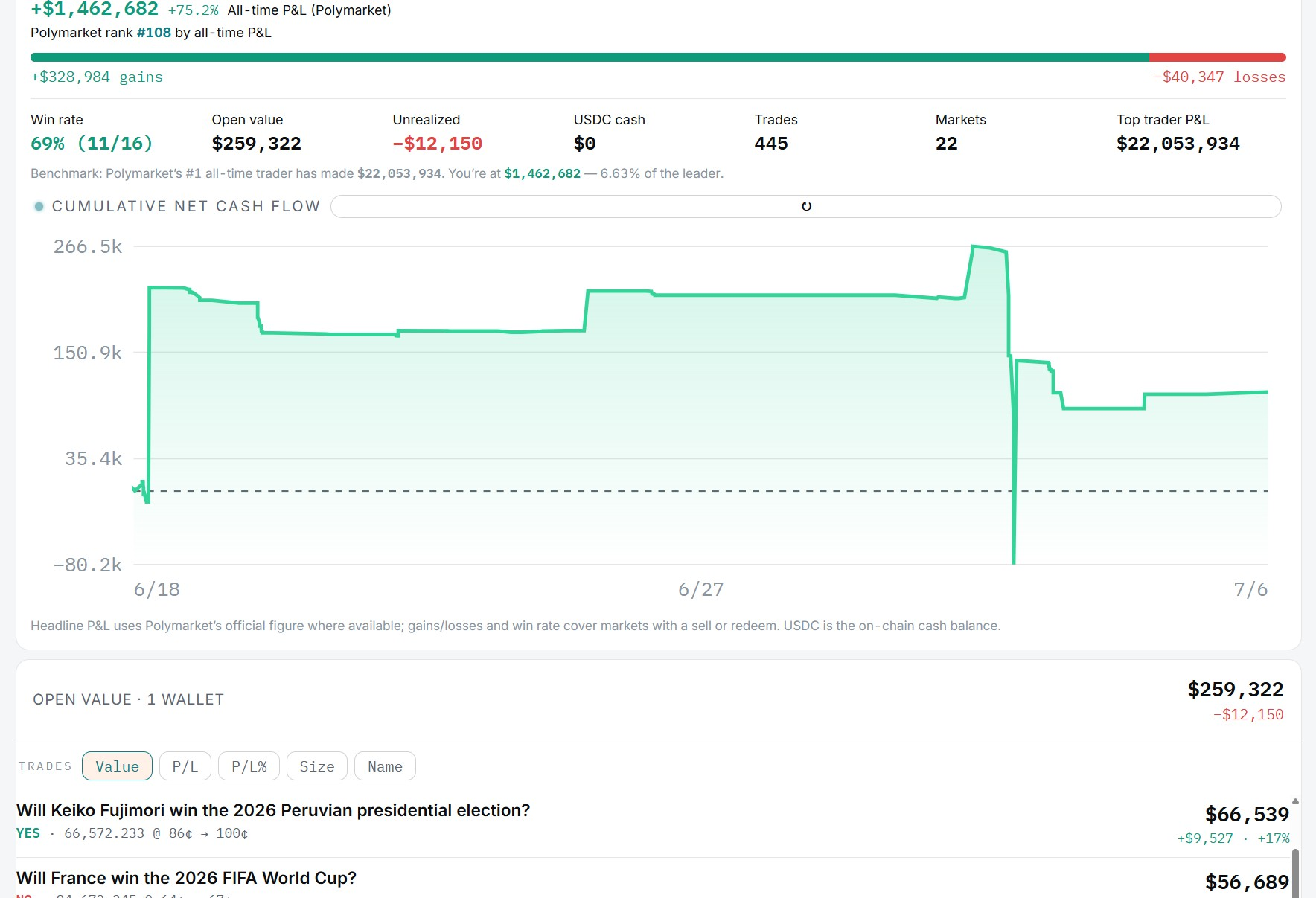 Polymarket wallet with every position — entry, odds and P&L