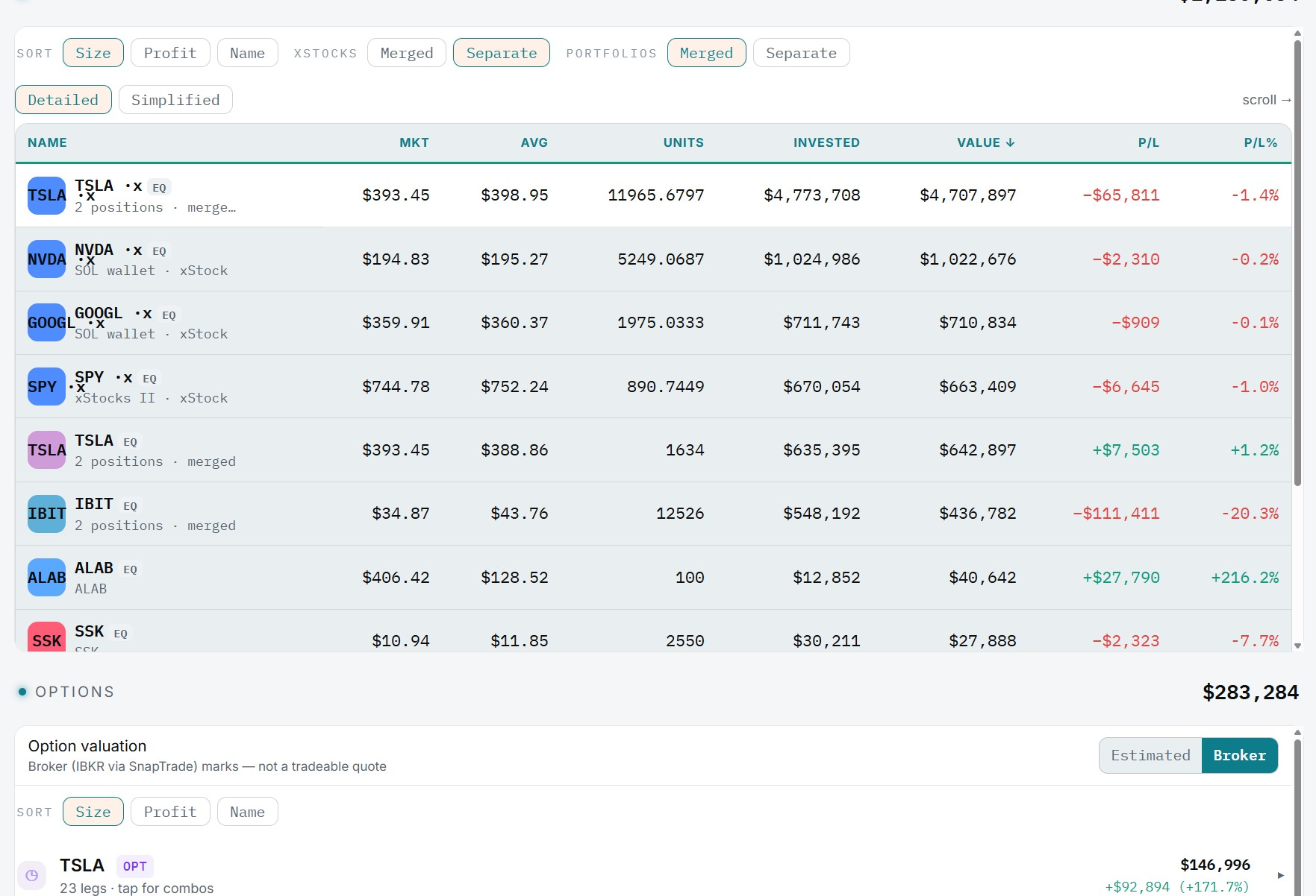 xStocks under Equities with merge / separate toggles